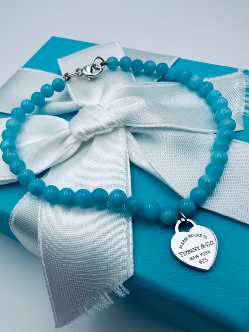 Return to Tiffany & Co. 4mm Amazonite Bead Bracelet in Silver 7” with Pouch